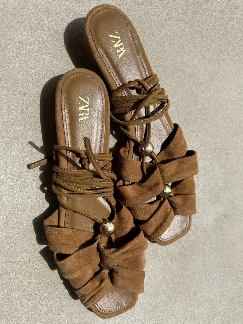 Zara Cognac Suede Gold Coastal Resort Beach Knotted Lace Tie Up Sandals- Size 41 - Picture 2 of 6
